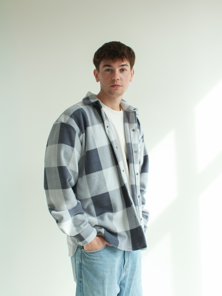 Рубашка в клітинку на флісі чоловіча графіт-білий 10193